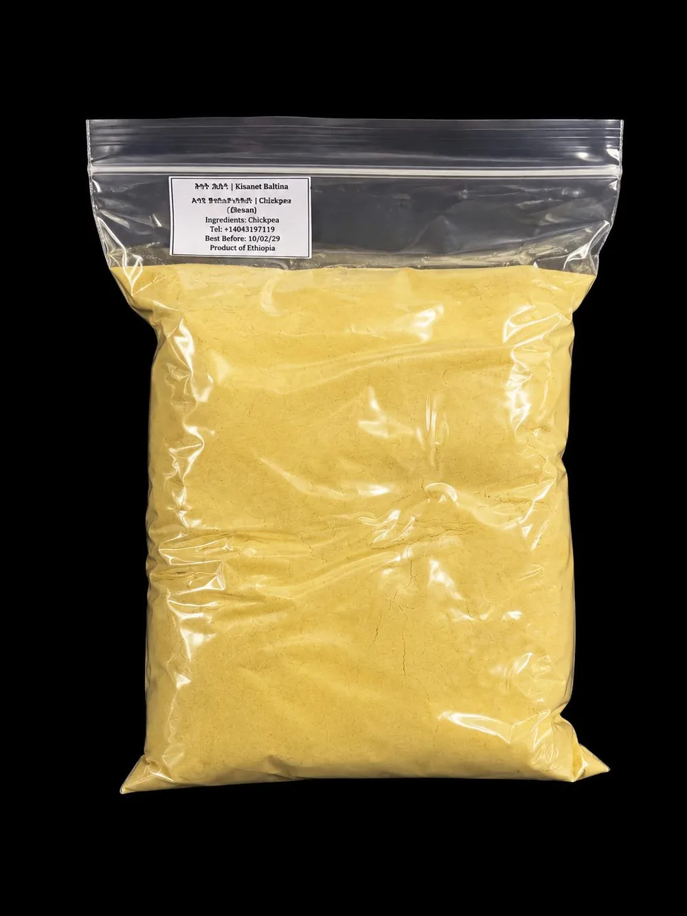 One kilogram zip-lock bag of plain chickpea besan flour, Kisanet Baltina label