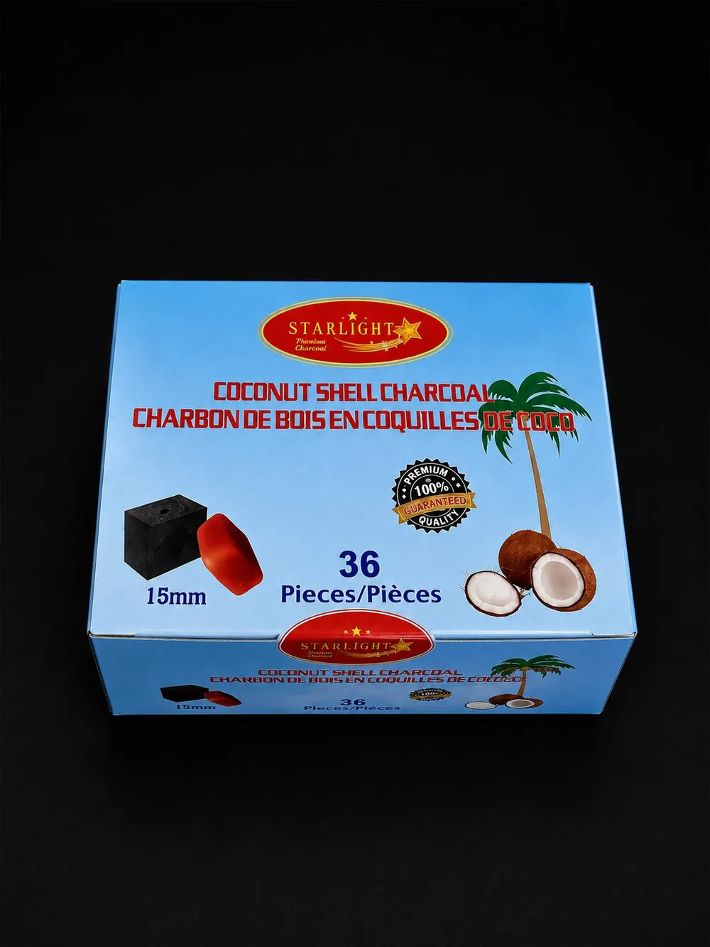 Box of Starlight premium coconut shell charcoal, thirty-six pieces