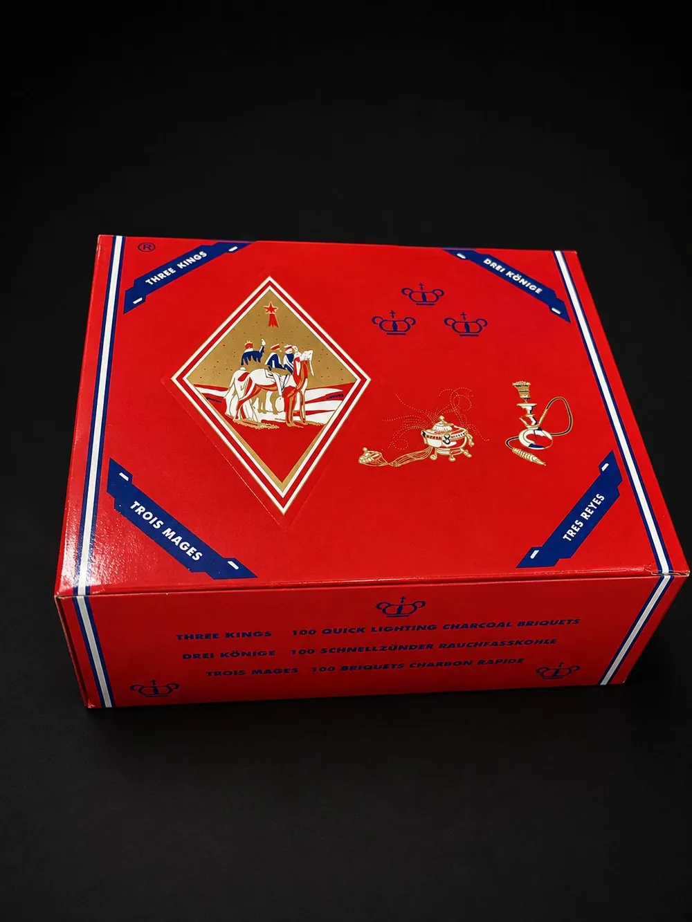 Box of one hundred Three Kings quick-lighting charcoal briquets