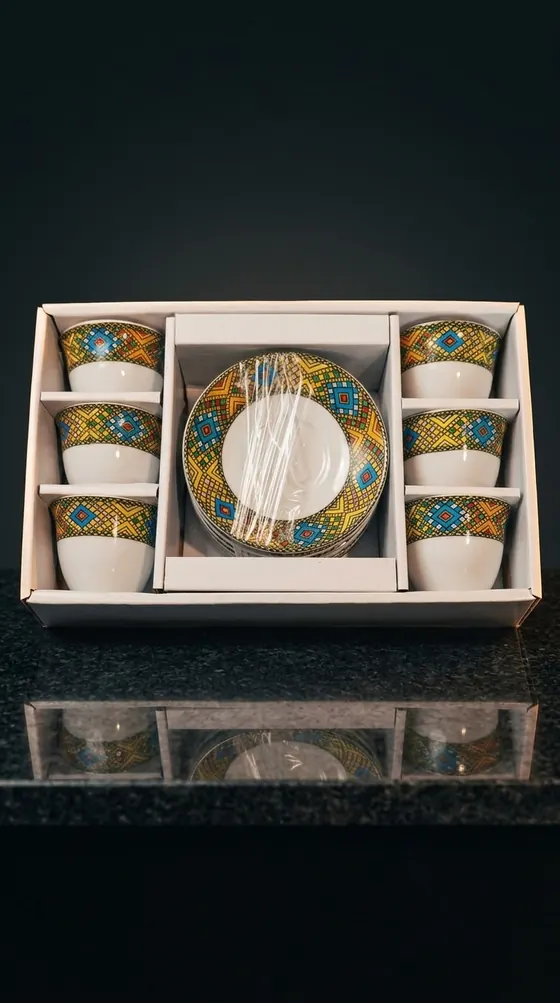 Boxed finjal cups and saucers in Ethiopian telet pattern