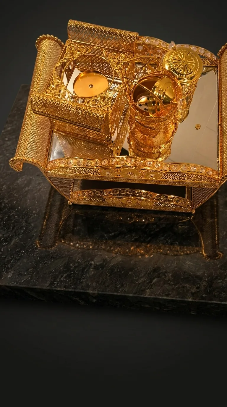 Gold filigree incense burner box with mirrored panels