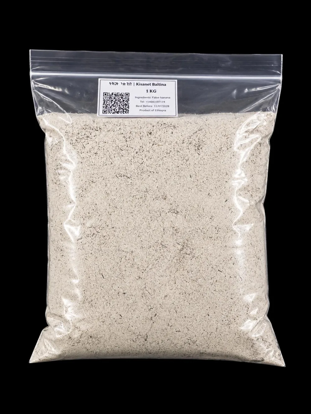 One kilogram bag of coarse fibrous kocho false-banana meal