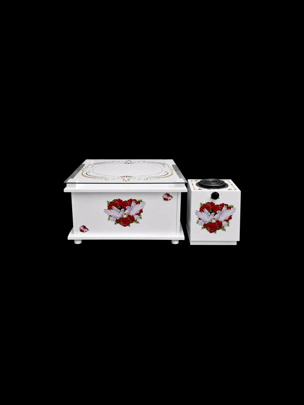 White rekebot with a glass top, gold scrollwork and a dove and roses decal