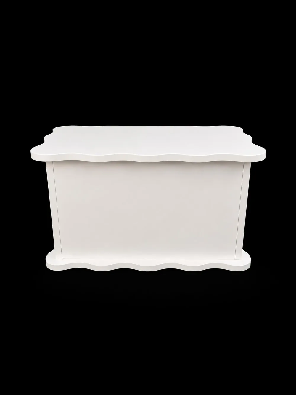 White lacquered rekebot ceremony table with a scalloped wavy top and base