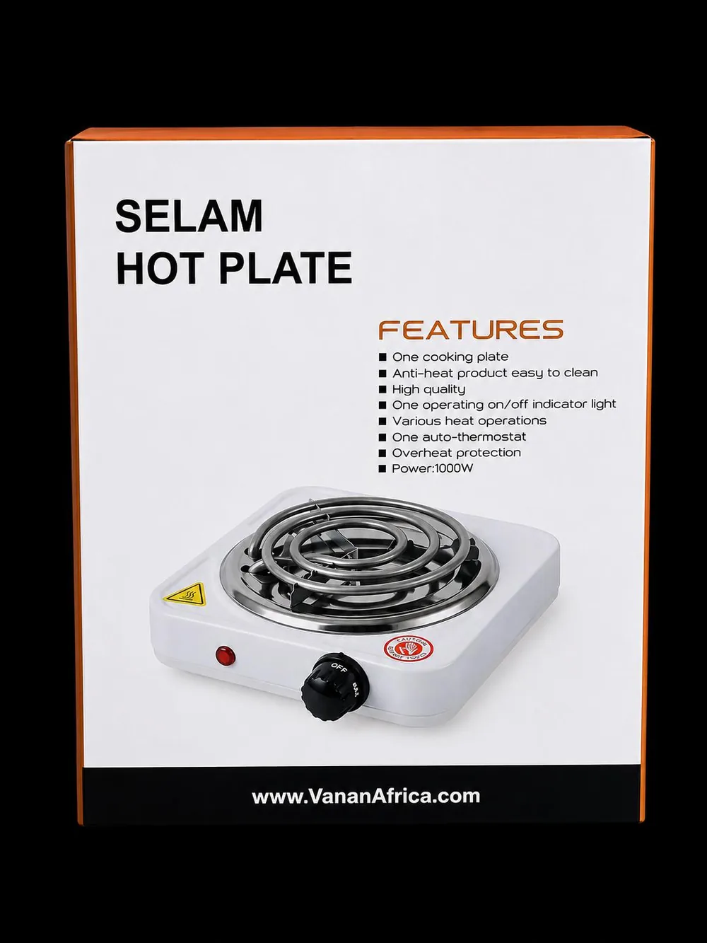 Boxed Selam single-coil electric hot plate rated 1000 watts