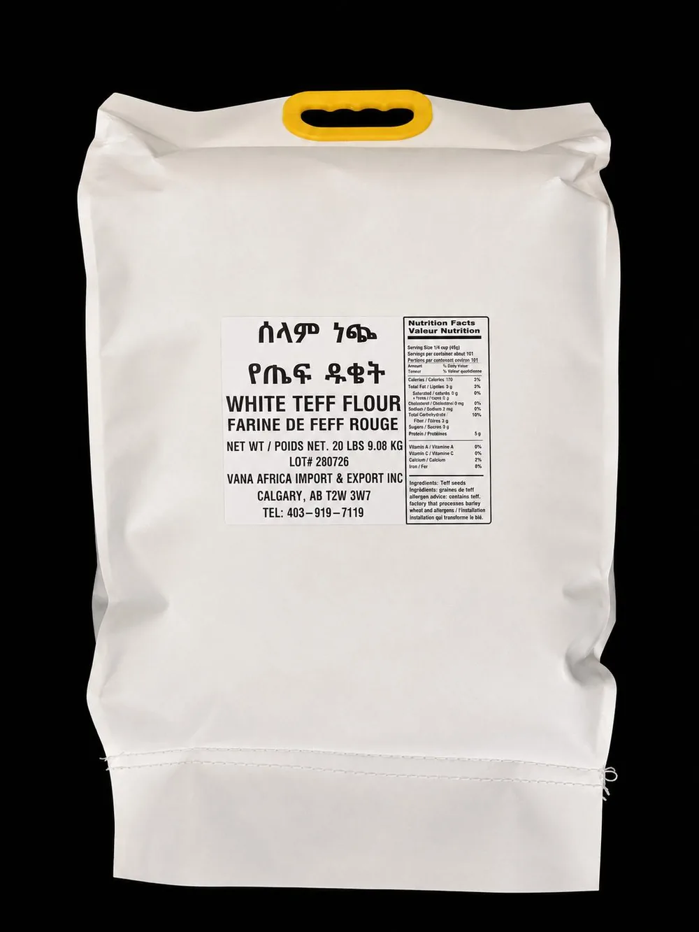 Twenty-pound sack of white teff flour with a bilingual VANA Africa label
